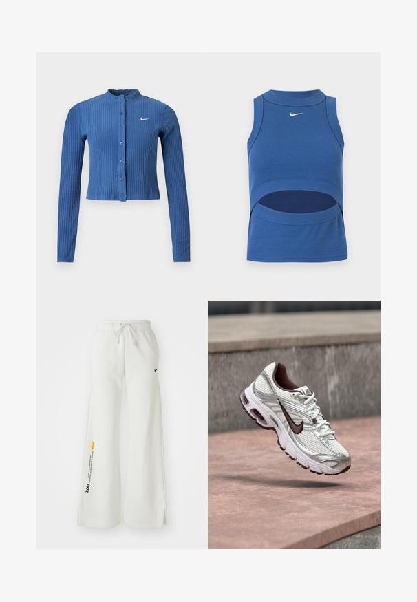 Cardigan court côtelé bleu à manches longues avec fermeture à boutons sur le devant et logo Nike swoosh blanc sur le côté gauche de la poitrine.; Crop top Nike bleu sans manches avec col montant et découpe au niveau du ventre, tissu côtelé, et logo Swoosh blanc au centre devant.; Pantalons de survêtement blancs à jambes larges avec une taille élastique, un cordon de serrage, des fentes latérales, un logo Nike noir et du texte graphique jaune contrastant.; Chaussure de running Nike blanche et argentée avec logo Swoosh noir suspendue au-dessus d'une surface en béton en extérieur.