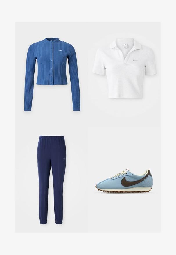 Cárdigan corto azul acanalado de manga larga con cierre de botones y logo blanco de Nike swoosh en el pecho izquierdo.; Camiseta polo recortada en gris claro con una textura suave, que presenta un cuello clásico y un pequeño logo de Nike en gris oscuro en el pecho.; Pantalones deportivos azul marino con cintura elástica, piernas ajustadas y logo de Nike blanco en el lado izquierdo. Hechos de una tela suave.; Zapatilla deportiva azul hecha de malla y ante. Presenta un logotipo de Nike en color marrón, cordones beige y una suela de goma texturizada para mayor agarre.