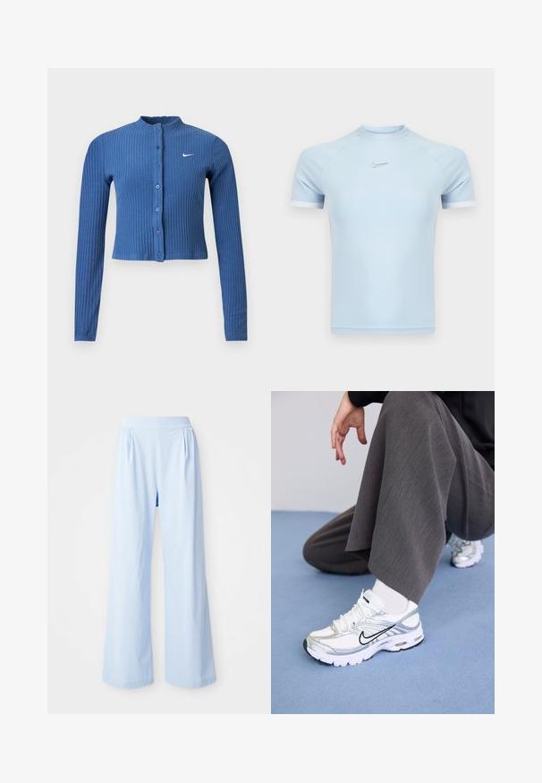 Blauw geribbelde cropped cardigan met lange mouwen, knoopsluiting aan de voorkant en een wit Nike swoosh-logo op de linkerborst.; Lichtblauw atletisch shirt met korte mouwen, gemaakt van soepel materiaal. Heeft een ronde halslijn en een subtiel Nike-logo op de borst, met witte accenten.; Lichtblauwe wijde broek met een gladde textuur, elastische tailleband en geplooide details aan de voorkant. Gemaakt van een zachte stof.; Witte en zilveren sport schoenen van mesh en synthetische materialen, met zwarte accentlijnen, veters en gestructureerde zolen.