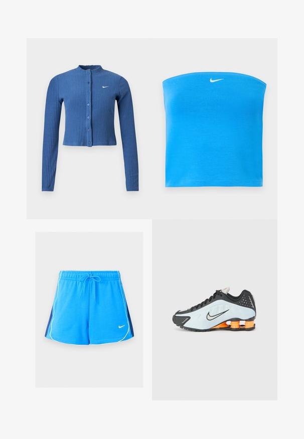 Blå ribbet langærmet cropped cardigan med knappelukning foran og hvid Nike swoosh-logo på venstre bryst.; Lyseblå Nike tube top uden stropper med hvid Swoosh-logo centreret nær den øverste kant.; Blå atletikshorts med hvide kanter langs kanterne, navyblå sidestykker, elastisk talje, snøre og lille hvid Nike-logo foran.; Sort og lyseblå sportsko med rund tå, mesh- og syntetisk overdel, samt orange hælstøtte i et stødabsorberende design.