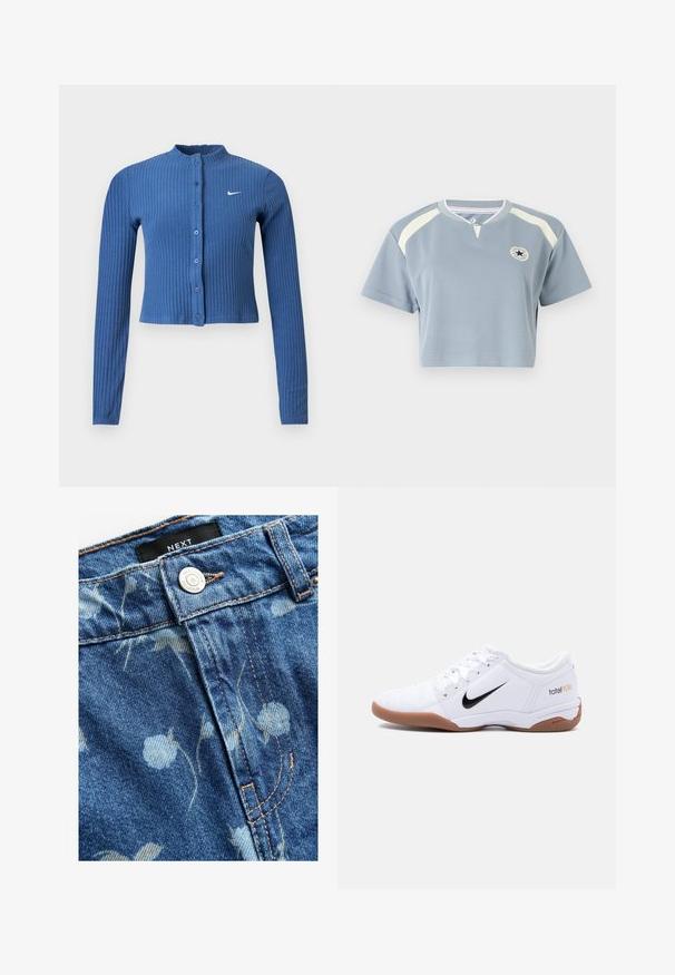 Modrý rebrovaný krátky sveter s dlhými rukávmi, zapínaním na gombíky vpredu a bielym logom Nike swoosh na ľavej strane hrudníka.; Strihnuté tričko v svetlom modrom materiáli s krátkymi rukávmi. Má krémové akcenty a okrúžny logo na hrudi. Okrúhly výstrih.; Denimová tkanina v svetlo modrej farbe s kvetinovou potlačou. Obsahuje strieborné zapínanie na gombík a béžové prešitie pozdĺž švov. Viditeľná značka.; Biela vnútorná futbalová topánka Nike Total 90 III s čiernym logom Swoosh a gumovou podrážkou, zobrazená z boku na jednoduchom pozadí.