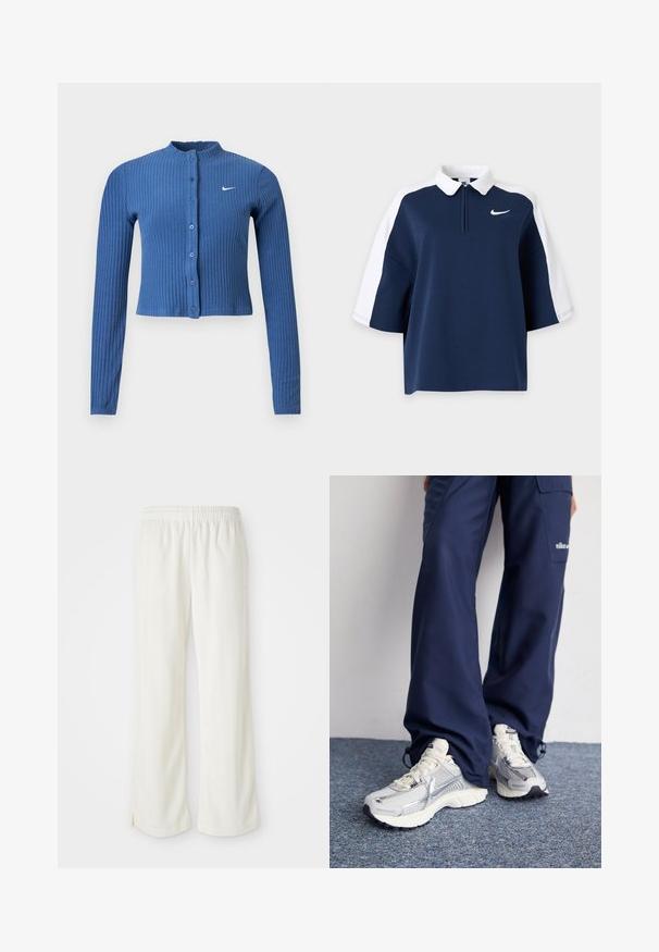 Blå ribbet langærmet cropped cardigan med knappelukning foran og hvid Nike swoosh-logo på venstre bryst.; Navyblå og hvide kortærmede polo med hvid krave, halv lynlås foran og lille Nike-logo på venstre bryst.; Cremefarvede bukser med bred ben-design, lavet af letvægtsmateriale, med lodrette striber og en elastisk talje.; Nike sportssko med en sølvfarvet mesh-overdel, hvide detaljer og strukturerede såler, parret med løstsiddende navy bukser.