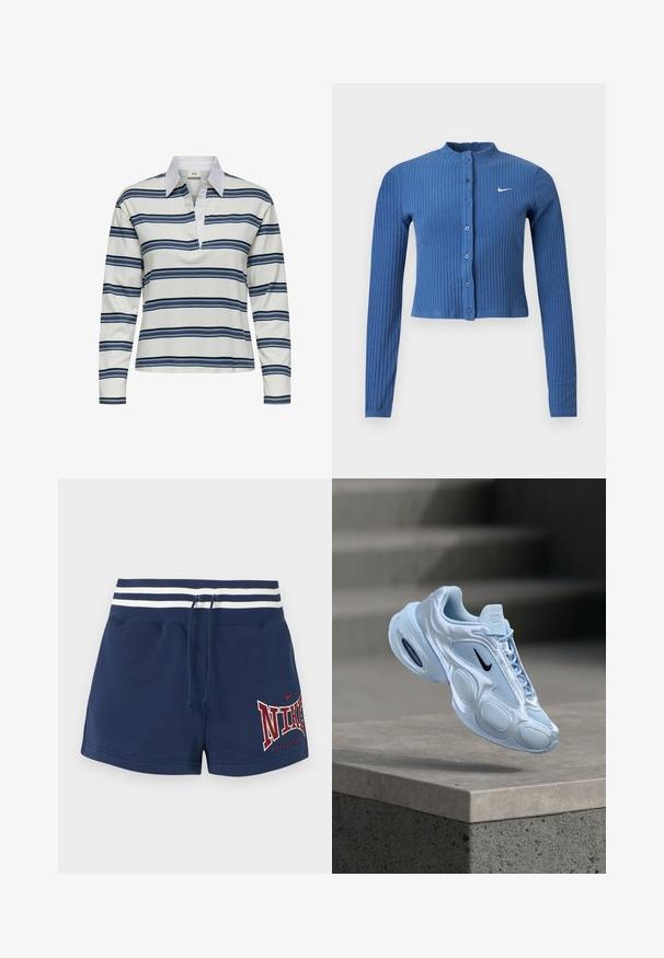Cárdigan corto azul acanalado de manga larga con cierre de botones y logo blanco de Nike swoosh en el pecho izquierdo.; Polo de manga larga con base blanca y franjas horizontales en azul marino y azul claro. Destaca el cuello blanco y su textura suave de algodón.; Pantalones cortos deportivos azul marino con cintura de canalé a rayas blancas, cordón ajustable y texto rojo "NIKE ATHLETIC DEPT" en la pierna izquierda.; Zapato deportivo azul claro con paneles de malla, silueta redondeada, detalles texturizados y logo negro. Cuenta con amortiguación visible de aire en la suela.
