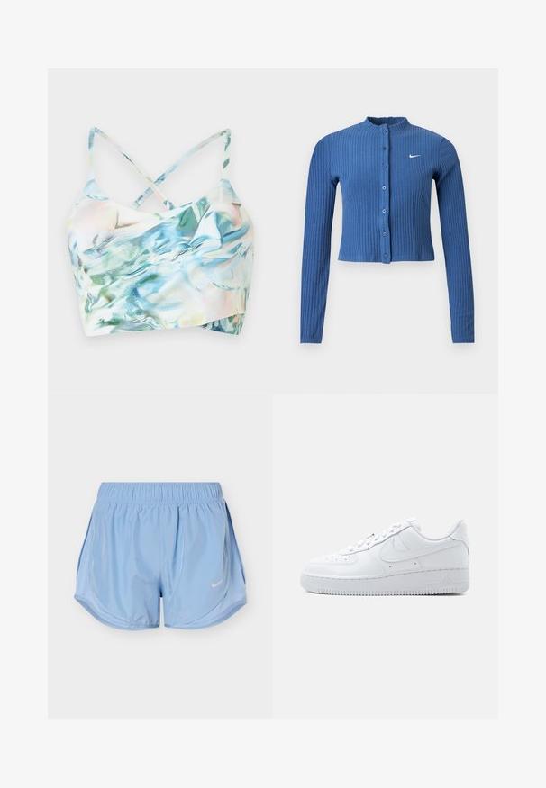 Blauw geribbelde cropped cardigan met lange mouwen, knoopsluiting aan de voorkant en een wit Nike swoosh-logo op de linkerborst.; Voorkant van een cropped bikini top in meerkleurige, iriserende stof met kruisbandjes, met een golvend patroon in tinten blauw en groen.; Lichtblauwe sportshorts met elastische tailleband, gebogen zijpanelen en wit Nike swoosh-logo op de voorkant van het rechterbeen.; Witte Nike Air Force 1 lage sneaker met vetersluiting, geperforeerde neus en het kenmerkende swoosh-logo aan de zijkant.