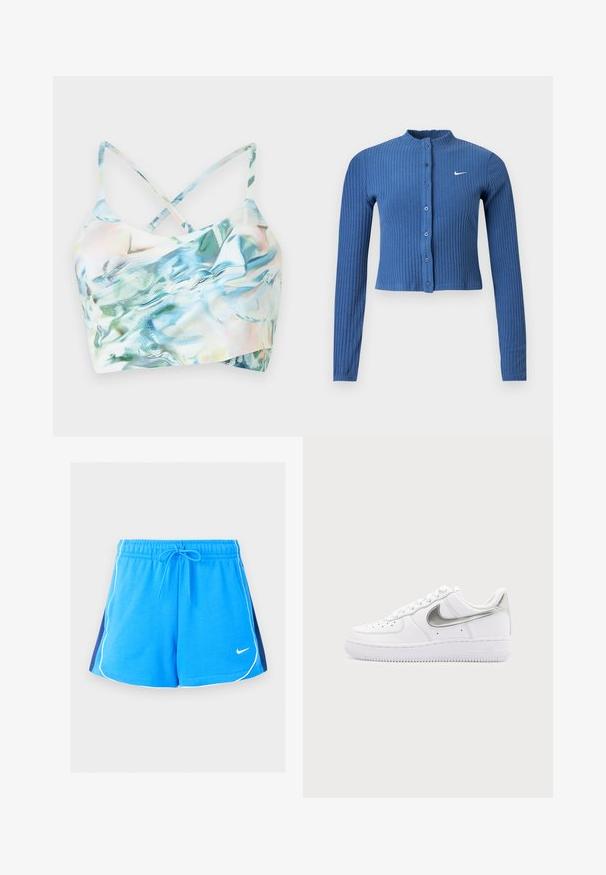 Modrý rebrovaný krátky sveter s dlhými rukávmi, zapínaním na gombíky vpredu a bielym logom Nike swoosh na ľavej strane hrudníka.; Predný pohľad na skrátený bikiny top v mnohofarebnom, iridiscentnom materiáli s prekríženými ramienkami, ktorý má vlnitý vzor v odtieňoch modrej a zelenej.; Modré športové šortky s bielymi lemami na okrajoch, tmavomodré bočné panely, elastický pás, šnúrka a malé biele logo Nike vpredu.; Biele nízke tenisky s metalickým strieborným logom Nike a bielymi šnúrkami na obyčajnom svetlosivom pozadí.