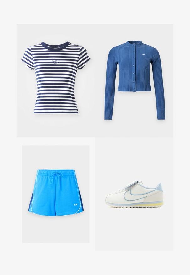 Modrý rebrovaný krátky sveter s dlhými rukávmi, zapínaním na gombíky vpredu a bielym logom Nike swoosh na ľavej strane hrudníka.; Námornícky a biely pruhovaný tričko, z bavlnenej zmesi, s krátkymi rukávmi, okrúhlym výstrihom, so malým vyšívaným logom Nike na prednej strane.; Modré športové šortky s bielymi lemami na okrajoch, tmavomodré bočné panely, elastický pás, šnúrka a malé biele logo Nike vpredu.; Biele a svetlomodré tenisky Nike Cortez s vlnitými okrajmi na logu a žltým pruhom na podrážke, zobrazené v bočnom profile.