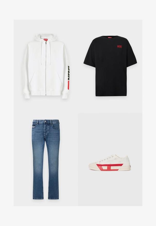 Sweat à capuche blanc zippé avec poches avant, capuche à cordon de serrage et logo noir "DIESEL" sur la manche droite près d'un patch rouge rectangulaire.; T-shirt noir en coton, avec des manches courtes, un col rond, et un logo rouge "DIESEL" sur le côté gauche de la poitrine.; Jean en denim bleu avec une coupe droite, un design à cinq poches et une finition délavée. Dispose d'une ceinture à passants et d'une fermeture à bouton métallique.; Baskets en toile avec un dessus blanc, des accents en caoutchouc rouge et un design texturé. Elles présentent une tête arrondie et cinq œillets pour les lacets.