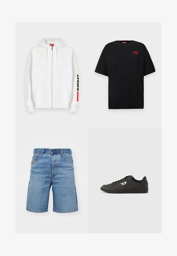 Sudadera blanca con cremallera, bolsillos delanteros, capucha con cordón y logotipo negro "DIESEL" en la manga derecha cerca de un parche rectangular rojo.; Camiseta negra de algodón, con mangas cortas, cuello redondo y un logo rojo de "DIESEL" en la zona izquierda del pecho.; Pantalones cortos de mezclilla azul claro con un corte clásico, ligero desvanecimiento, diseño de cinco bolsillos y costuras tono cobre. Presentan un cierre frontal con botón.; Zapatillas deportivas negras sintéticas con suela negra texturizada, puntera redonda y cordones planos negros. Destaca un logo blanco en el lateral exterior.