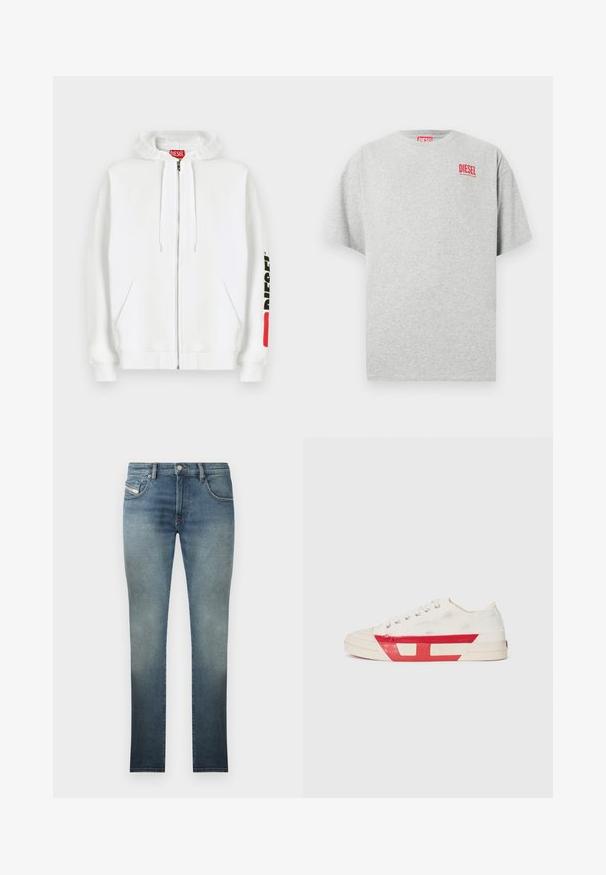 Sudadera blanca con cremallera, bolsillos delanteros, capucha con cordón y logotipo negro "DIESEL" en la manga derecha cerca de un parche rectangular rojo.; Camiseta de algodón gris con cuello redondo y mangas cortas. Presenta un pequeño logo rojo "DIESEL" en el pecho. Textura suave.; Jeans ajustados en un lavado azul desgastado, con un diseño de cinco bolsillos, cierre de botón metálico y costuras en contraste. Textura ligeramente desgastada.; Zapatilla de lona con parte superior blanca, acentos de goma roja y un diseño texturizado. Presenta una puntera redonda y cinco ojetes para los cordones.
