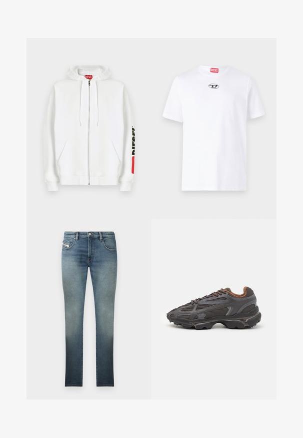 Sudadera blanca con cremallera, bolsillos delanteros, capucha con cordón y logotipo negro "DIESEL" en la manga derecha cerca de un parche rectangular rojo.; Camiseta de algodón blanca con mangas cortas, que presenta un escote redondo y un parche del logo plateado de Diesel en el pecho. Diseño simple, color sólido.; Jeans ajustados en un lavado azul desgastado, con un diseño de cinco bolsillos, cierre de botón metálico y costuras en contraste. Textura ligeramente desgastada.; Zapatillas Lacoste en gris oscuro con material de malla y sintético, que cuentan con una suela texturizada y detalles en marrón en el cuello y la marca.