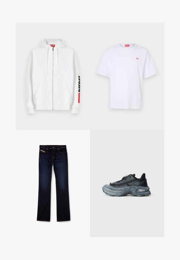 Sudadera blanca con cremallera, bolsillos delanteros, capucha con cordón y logotipo negro "DIESEL" en la manga derecha cerca de un parche rectangular rojo.; Camiseta de algodón blanca con mangas cortas, cuello redondo y un pequeño logo rectangular rojo de Diesel en el lado izquierdo del pecho.; Jeans de mezclilla de color azul oscuro con corte recto, con costuras naranjas, cremallera en la bragueta y bolsillos delanteros. Textura suave y cinturilla estándar.; Zapatilla Diesel en negro y gris con suela gruesa, cierre de cordón y diseño texturizado sobre un fondo liso de color gris claro.