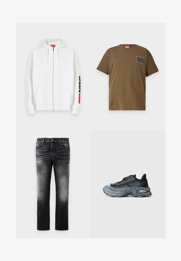 Sudadera blanca con cremallera, bolsillos delanteros, capucha con cordón y logotipo negro "DIESEL" en la manga derecha cerca de un parche rectangular rojo.; Camiseta de algodón marrón con cuello redondo, que presenta un parche gráfico negro en el lado izquierdo del pecho. Mangas cortas y dobladillo recto.; Jeans negros con acabado desgastado y toques rasgados, diseño estándar de cinco bolsillos y cierre con cremallera. Elaborados en tela de denim.; Zapatilla Diesel en negro y gris con suela gruesa, cierre de cordón y diseño texturizado sobre un fondo liso de color gris claro.