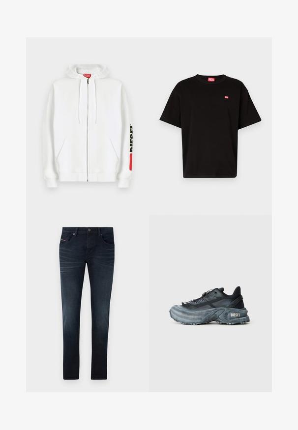 Witte zip-up hoodie met voorzakken, capuchon met trekkoord en zwart "DIESEL"-logo op de rechtermouw nabij een rood rechthoekig label.; Zwarte katoenen t-shirt met ronde hals, korte mouwen en een klein rood Diesel-logo op de borst. Rechte zoom, minimalistisch ontwerp.; Donkerblauwe denim jeans met een slim fit, voorzien van vijf zakken, subtiele vervaging en een metalen knoopsluiting op de tailleband.; Zwarte en grijze Diesel sneakers met dikke zool, vetersluiting en gestructureerd ontwerp op een effen lichtgrijze achtergrond.