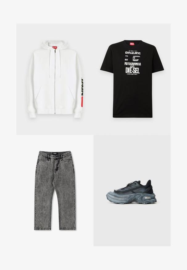 Sudadera blanca con cremallera, bolsillos delanteros, capucha con cordón y logotipo negro "DIESEL" en la manga derecha cerca de un parche rectangular rojo.; Camiseta negra de algodón con gráficos de texto blanco llamativos, que incluyen "DIESEL" e "INDUSTRY", con cuello redondo y mangas cortas.; Jeans de mezclilla gris con un acabado desgastado, diseño de pierna recta y estilo de cinco bolsillos. Presenta una etiqueta con "FORMER" en la cinturilla.; Zapatilla Diesel en negro y gris con suela gruesa, cierre de cordón y diseño texturizado sobre un fondo liso de color gris claro.
