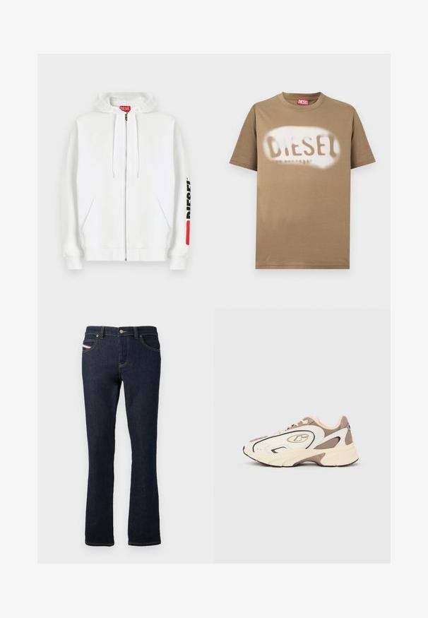 Sweat à capuche blanc zippé avec poches avant, capuche à cordon de serrage et logo noir "DIESEL" sur la manche droite près d'un patch rouge rectangulaire.; T-shirt en coton marron avec un logo "DIESEL" peint en blanc au pochoir. Col rond classique et manches courtes avec une texture lisse.; Jean en denim bleu marine à coupe droite, avec des coutures orange, une fermeture à bouton en métal et un petit logo sur la poche arrière.; Baskets sportives avec un schéma de couleurs crème et brun, en matériaux mesh et synthétiques, bout rond et logo proéminent sur le côté.