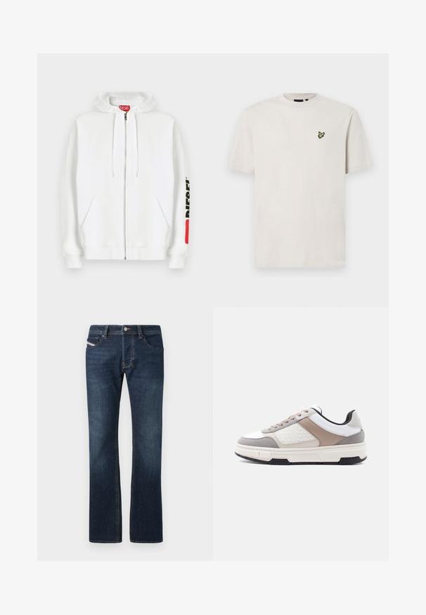 Weißer Kapuzenpullover mit Reißverschluss, Fronttaschen, Kordelzugkapuze und schwarzem "DIESEL"-Logo auf dem rechten Ärmel in der Nähe eines roten rechteckigen Aufnähers.; Helles beige Baumwoll-T-Shirt mit Rundhalsausschnitt und kurzen Ärmeln, das ein kleines gesticktes Vogel-Logo auf der linken Brust trägt.; Dunkelblaue Denim-Jeans mit geradem Bein, fünf Taschen und dezenten Nähten. Mit Metallknopf und Reißverschluss.; Niedriger Sneaker in Weiß, Beige und Grau mit gemustertem Seitenpaneel, beigen Schnürsenkeln, schwarzen Sohlenakzenten und gepolsterter Sohle.