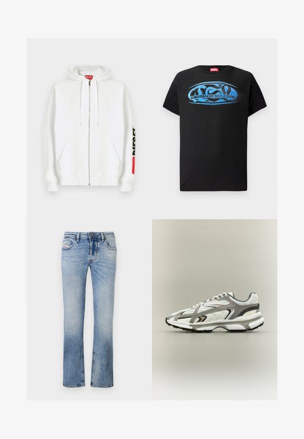Hvid hættejakke med lynlås, frontlommer, snøre i hætten og sort "DIESEL"-logo på højre ærme tæt på en rød rektangulær mærkat.; Sort kortærmet t-shirt lavet af bomuld, med et blåt grafisk logo-design og teksten "www.diesel.com" på forsiden.; Lyseblå denim jeans med lige ben-design, der har frontlommer, lynlås og subtile falmninger i stoffet.; Sportssko med en hvid mesh-overdel, grå accenter, sort gummisål og et strømlinet design. Har snørebånd og strukturerede detaljer.