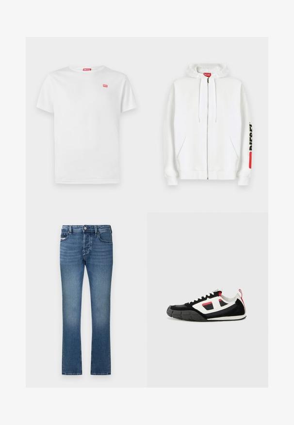 Sweat à capuche blanc zippé avec poches avant, capuche à cordon de serrage et logo noir "DIESEL" sur la manche droite près d'un patch rouge rectangulaire.; T-shirt en coton blanc à manches courtes et col en V. Présente un petit logo Diesel rouge sur la poitrine gauche. Texture lisse, coupe standard.; Jean en denim bleu avec une coupe droite, un design à cinq poches et une finition délavée. Dispose d'une ceinture à passants et d'une fermeture à bouton métallique.; Diesel S PAGODHA LOW - Baskets basses - black