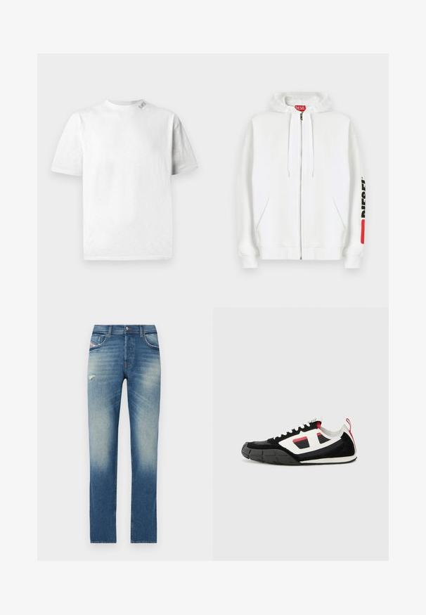 Hvid hættejakke med lynlås, frontlommer, snøre i hætten og sort "DIESEL"-logo på højre ærme tæt på en rød rektangulær mærkat.; Hvid kortærmet T-shirt med rund halsudskæring, der har en subtil tekstur og en lille logo-detail på venstre skulder.; Blå denim jeans med lige ben design, featuring lys udvaskning, en lille slidtegn foran, og standard fem-lomme styling.; Diesel S PAGODHA LOW - Sneakers - black