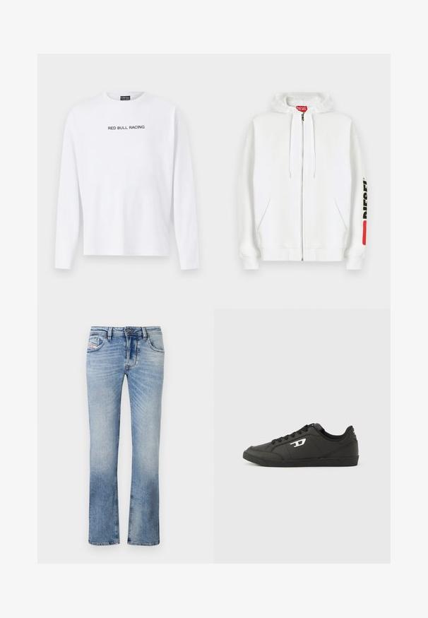 Witte zip-up hoodie met voorzakken, capuchon met trekkoord en zwart "DIESEL"-logo op de rechtermouw nabij een rood rechthoekig label.; Witte lange mouw t-shirt van katoen, met "RED BULL RACING" in het zwart over de borst gedrukt. Ronde hals, relaxte pasvorm.; Lichtblauwe denim jeans met een rechte pasvorm, voorzien van voorzakken, een rits en subtiele vervagingen door de stof.; Zwarte sneakers van synthetisch materiaal met een geribbelde zwarte zool, ronde neus en vlakke zwarte veters. Opvallend wit logomerk aan de buitenzijde.