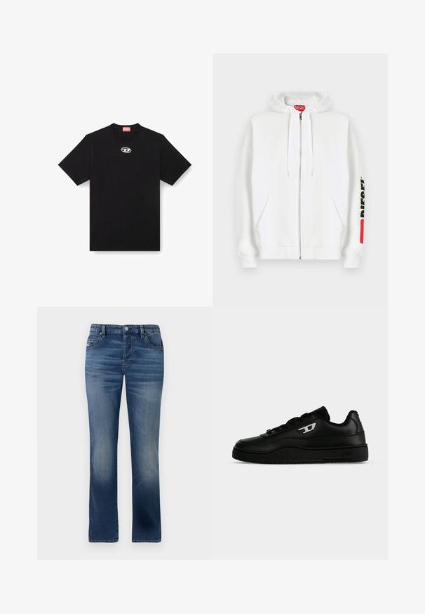 Weißer Kapuzenpullover mit Reißverschluss, Fronttaschen, Kordelzugkapuze und schwarzem "DIESEL"-Logo auf dem rechten Ärmel in der Nähe eines roten rechteckigen Aufnähers.; Schwarzes Baumwoll-T-Shirt mit Rundhalsausschnitt und kurzen Ärmeln. Enthält ein kleines, silbernes Logo, das in der Mitte vorne gestickt ist.; Dunkelblaue Jeans aus Denim mit geradem Bein, ausgestattet mit Fronttaschen, dezentem Verblassen und einem klassischen Knopfverschluss an der Taille.; Schwarzer niedriger Sneaker mit dicker Sohle, Schnürung vorne und kleinem weißen "D" Logo an der Seite, gezeigt vor einfachem weißen Hintergrund.