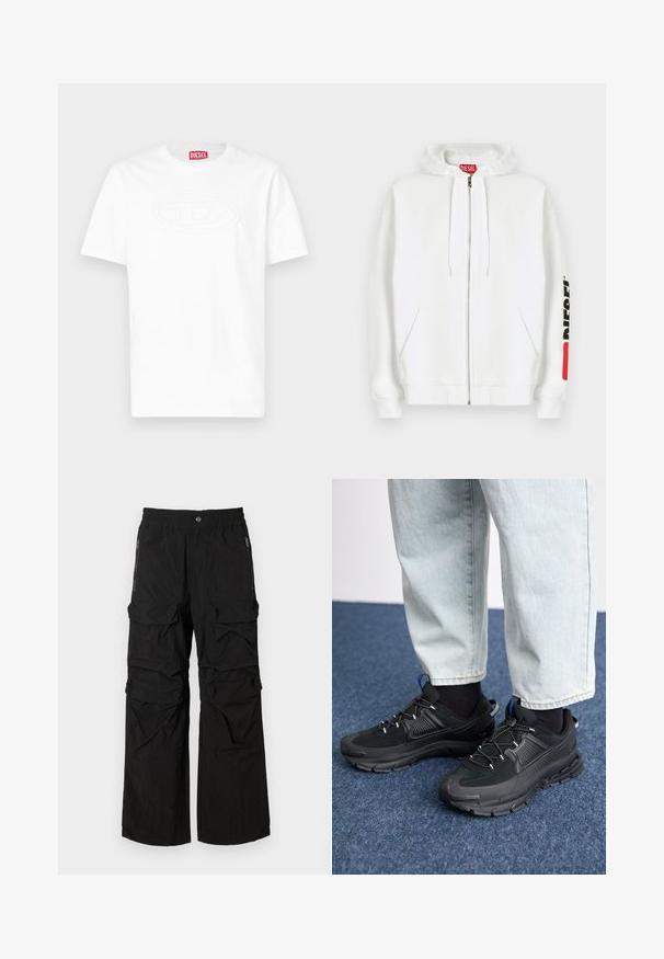Sudadera blanca con cremallera, bolsillos delanteros, capucha con cordón y logotipo negro "DIESEL" en la manga derecha cerca de un parche rectangular rojo.; Camiseta blanca de manga corta y cuello redondo con logotipo ovalado en relieve en el pecho y etiqueta de la marca Diesel en rojo dentro del cuello.; Pantalones cargo negros con una cintura elástica, múltiples bolsillos grandes y bolsillos laterales con cremallera. Fabricados con un tejido ligero y texturizado.; Zapatillas deportivas negras con tejido texturizado y suelas de goma, con cordones elásticos y un acento azul en el talón. Combinadas con pantalones de mezclilla claros.