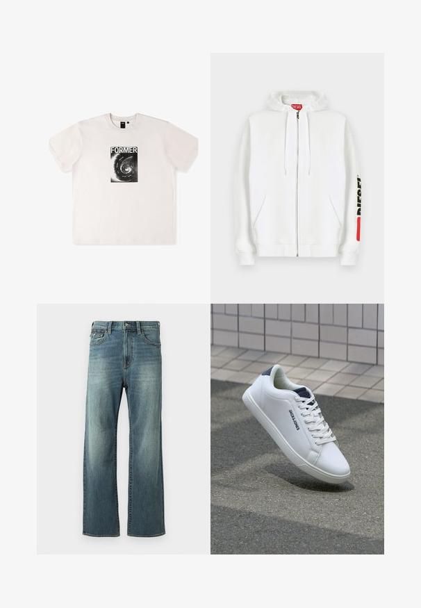 Witte zip-up hoodie met voorzakken, capuchon met trekkoord en zwart "DIESEL"-logo op de rechtermouw nabij een rood rechthoekig label.; Wit katoenen t-shirt met korte mouwen, voorzien van een zwart grafisch ontwerp met het woord "FORMER" en een spiraalpatroon aan de voorkant.; Lichtblauwe denim jeans met een rechte pijp, lichte vervaging, vijf zakken en riemlussen. Kenmerkt zich door stiksels en een knoopsluiting.; Witte leren sneaker met een laag ontwerp, een gestructureerd oppervlak, een marineblauwe hielaccent en een platte rubberen zool met een profiel patroon.