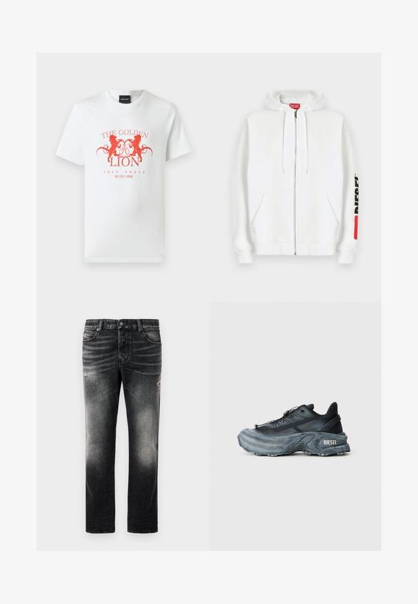 Sudadera blanca con cremallera, bolsillos delanteros, capucha con cordón y logotipo negro "DIESEL" en la manga derecha cerca de un parche rectangular rojo.; Camiseta de algodón blanca con un estampado gráfico rojo de dos leones y el texto "THE GOLDEN LION FREE HOUSE" en un diseño circular. Mangas cortas.; Jeans negros con acabado desgastado y toques rasgados, diseño estándar de cinco bolsillos y cierre con cremallera. Elaborados en tela de denim.; Zapatilla Diesel en negro y gris con suela gruesa, cierre de cordón y diseño texturizado sobre un fondo liso de color gris claro.