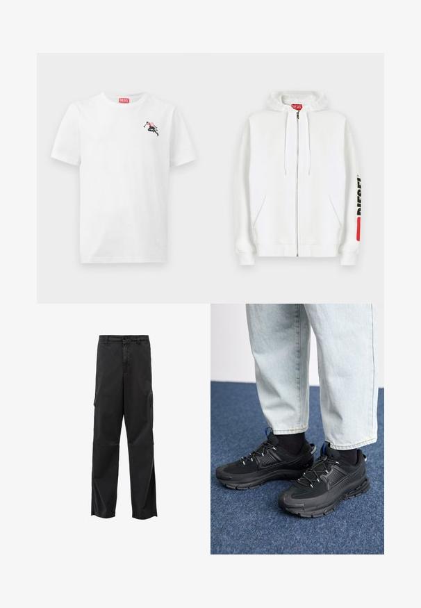 Hvid hættejakke med lynlås, frontlommer, snøre i hætten og sort "DIESEL"-logo på højre ærme tæt på en rød rektangulær mærkat.; Hvid bomulds-T-shirt med en lille sort og rød grafik på venstre bryst og et rødt logomærke ved halsudskæringen. Korte ærmer, rund hals.; Sorte cargo bukser med lige skæring, knaplukning og sidelommer. Glat stof med mat finish og uden synlige mønstre.; Sorte træningssko med tekstureret stof og gummisåler, udstyret med elastiske snørebånd og en blå detalje på hælen. Bæres med lyse denimbukser.