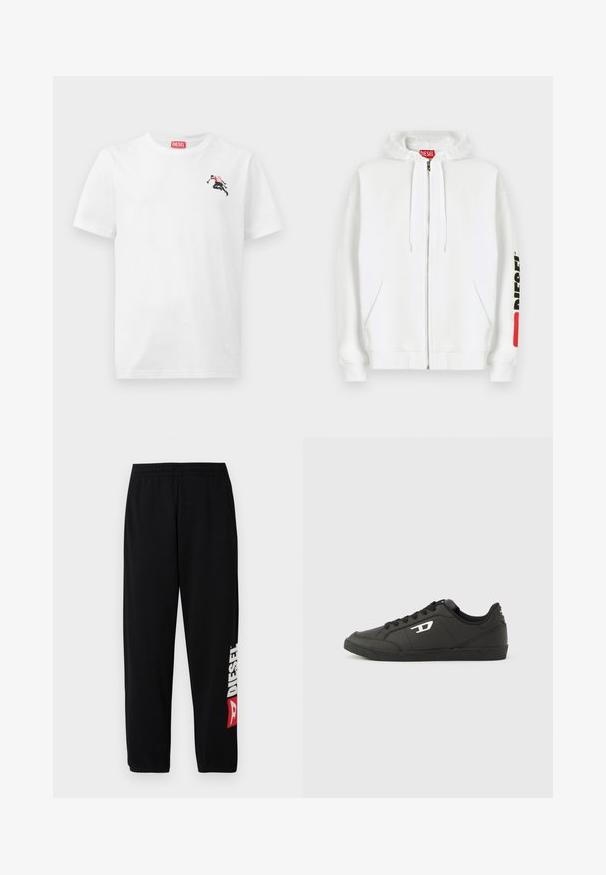 Sweat à capuche blanc zippé avec poches avant, capuche à cordon de serrage et logo noir "DIESEL" sur la manche droite près d'un patch rouge rectangulaire.; T-shirt en coton blanc avec un petit motif noir et rouge sur le côté gauche de la poitrine et une étiquette logo rouge au niveau de l'encolure. Manches courtes, col rond.; Pantalon de survêtement noir avec taille élastique, arborant un grand logo blanc "DIESEL" et un accent rouge sur la jambe gauche. Tissu doux et lisse.; Baskets synthétiques noires avec une semelle noire texturée, un bout rond et des lacets plats noirs. Logo blanc remarquablement placé sur le côté extérieur.