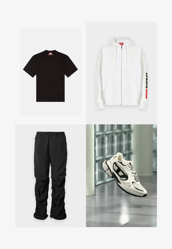 Witte zip-up hoodie met voorzakken, capuchon met trekkoord en zwart "DIESEL"-logo op de rechtermouw nabij een rood rechthoekig label.; Zwarte katoenen t-shirt met korte mouwen, ronde hals en een klein reliëflogo op de borst. Rode merklabel bij de hals.; Zwarte utilitybroek van lichtgewicht stof met een elastische tailleband, verstelbare trekkoorden en zijzakken in een relaxte pasvorm.; Witte en zwarte sportsneaker met mesh-details en patroonveters, zwevend in een moderne binnenruimte met glasblokken.