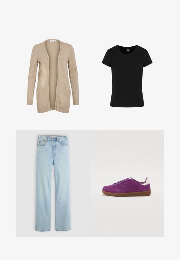 Cárdigan de punto beige con abertura frontal, mangas largas, puños acentuados y dos bolsillos frontales. Textura suave con un ajuste relajado.; Camiseta negra de manga corta fabricada en algodón, con un escote redondo y un diseño sencillo sin adornos.; Jeans de denim azul claro con corte recto, que cuentan con cinco bolsillos, un cierre de cremallera clásico y costuras visibles.; Zapatillas de ante moradas con suela marrón, diseño bajo, cordones y cuello acolchado blanco, todo sobre un fondo liso.