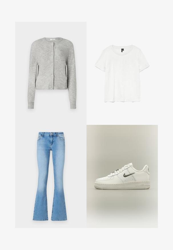 Grijze geribde cardigan van tricotstof. Heeft een ronde hals, lange mouwen en een knoopsluiting met decoratieve parelachtige knopen.; Witte t-shirt met korte mouwen en een ronde hals, gemaakt van lichte stof. Eenvoudig ontwerp, gladde textuur en rechte zoom.; Lichtblauwe uitlopende jeans van denim met een middellange taille, voorzien van zijzakken en stiksels langs de naden en zoom.; Witte lage Nike Air sneaker met zilveren swoosh-logo en gestructureerde zool op een effen lichte achtergrond, zijaanzicht.