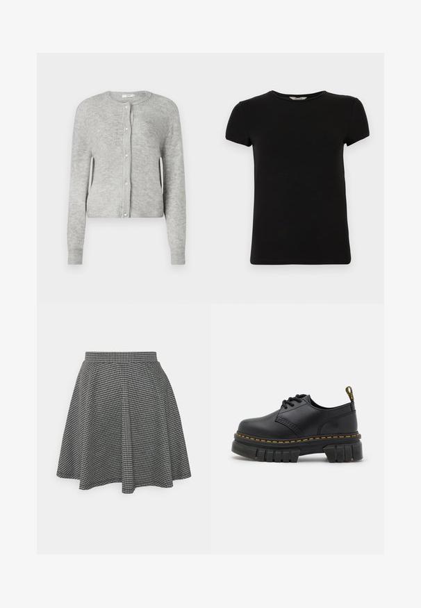 Grijze geribde cardigan van tricotstof. Heeft een ronde hals, lange mouwen en een knoopsluiting met decoratieve parelachtige knopen.; Zwart t-shirt met korte mouwen en ronde hals, gemaakt van soepel katoen, met een eenvoudig ontwerp en zonder zichtbare patronen of accenten.; Zwart-witte geblokte skaterrok met een strakke tailleband en een uitlopende zoom, gemaakt van textuurstof die een klassiek patroon toont.; Zwarte leren schoenen met een dikke, gestructureerde zool. Kenmerken zijn gele stiksels, een ronde neus en een trekband aan de hak.
