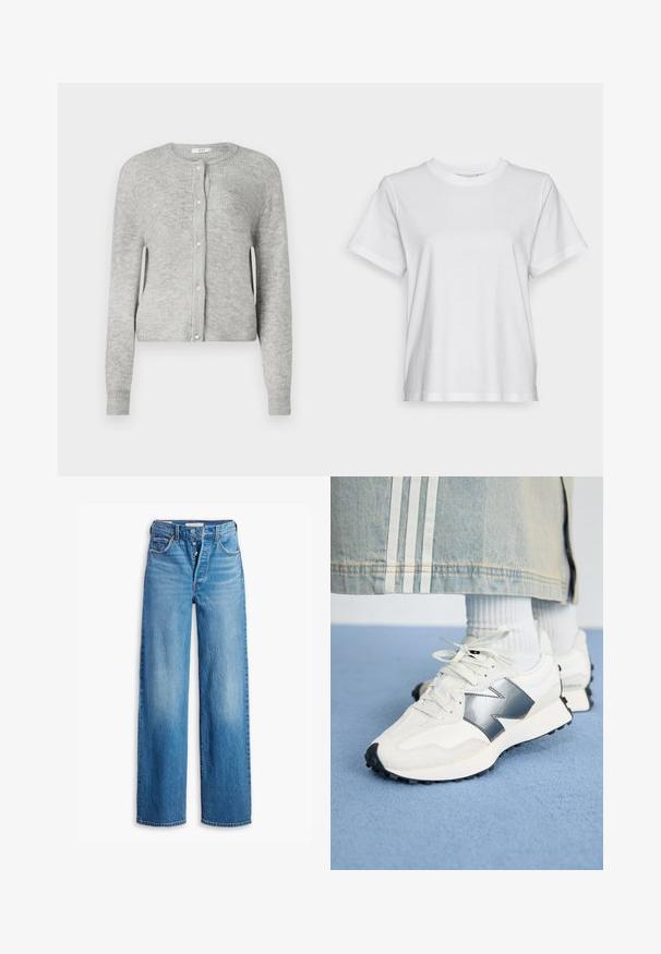 Grijze geribde cardigan van tricotstof. Heeft een ronde hals, lange mouwen en een knoopsluiting met decoratieve parelachtige knopen.; Witte katoenen t-shirt met korte mouwen, ronde hals en een ontspannen pasvorm. Soepele textuur, zonder patroontjes of graphics, basisontwerp.; Blauwe spijkerbroek met een hoge taille, wijde pijpen en vijf-pocketstijl. Voorzien van een knopenfly en een vervaagde afwerking.; Witte sport sneakers met een zilveren accent, textiel en glad leer; met een zwarte rubberen zool en veters.