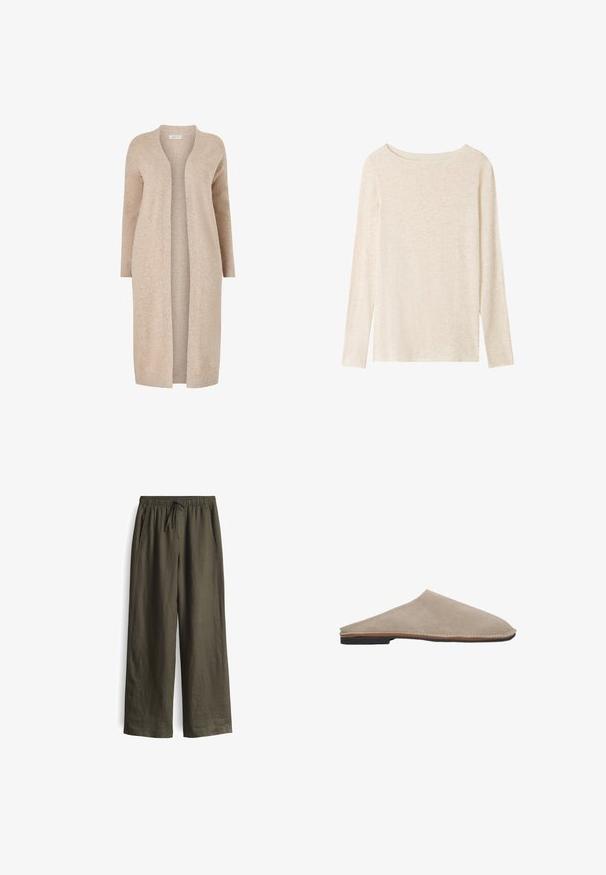 Beige lange cardigan gemaakt van gestructureerd breimateriaal. Open ontwerp met lange mouwen en zonder sluitingen. Minimalistische stijl.; Lichtbeige fijngebreide top met lange mouwen, boothals en een subtiele gemêleerde structuur.; Olijfgroene, losse broek met een elastische tailleband en trekkoord, voorzien van zijzakken en een lichtgewicht, gestructureerde stof.; Beige suède instappers met een gladde textuur, ronde neus en een dunne bruine leren middenzool. Vlakke zwarte rubberen zool.