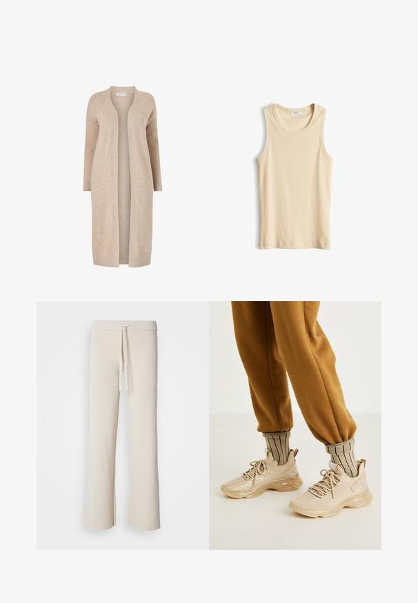 Cardigan long beige en mailles texturées. Design à l'avant ouvert avec des manches longues et sans fermetures. Style minimaliste.; Débardeur beige côtelé sans manches avec col rond, posé à plat sur fond blanc.; Pantalons larges beiges en tissu doux, dotés d'une taille élastique avec cordon de serrage et d fentes sur les côtés à l'ourlet.; Chaussures de sport beiges avec tige en mesh, paillettes décoratives et semelle en caoutchouc épaisse. Associées à des chaussettes beiges rayées et un pantalon de jogging marron.