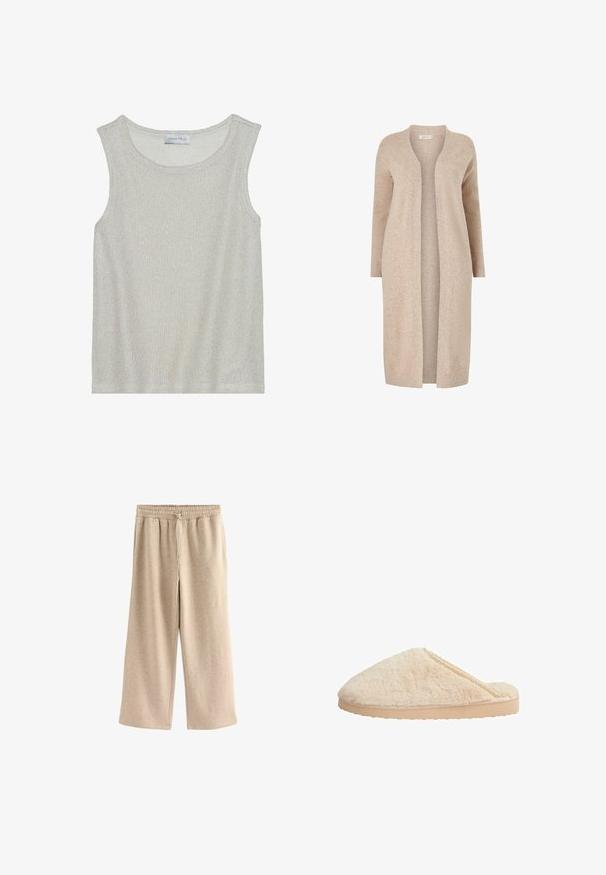 Cardigan long beige en mailles texturées. Design à l'avant ouvert avec des manches longues et sans fermetures. Style minimaliste.; Haut sans manches gris clair en tissu tricoté doux et texturé. Présente un col rond et une coupe ample. L'étiquette indique "ANNA FIELD" à l'intérieur.; Pantalons larges de couleur crème en tissu doux en mélange de coton. Ils présentent une taille élastique avec cordon de serrage et une texture subtilement mouchetée.; Pantoufles en fourrure beige avec une forme arrondie, un dessus texturé et une semelle en caoutchouc plate de couleur claire. Présentent un délicat accent en dentelle le long du bord.