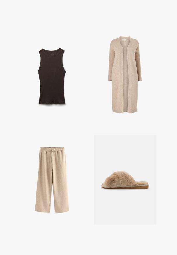 Beige lange cardigan gemaakt van gestructureerd breimateriaal. Open ontwerp met lange mouwen en zonder sluitingen. Minimalistische stijl.; Zwart geribd mouwloos hemdje met een ronde halslijn, plat liggend weergegeven op een witte achtergrond.; Crème-kleurige wijde broek gemaakt van een zachte katoenmix. Heeft een elastische tailleband met trekkoord en een subtiele gespikkelde textuur.; Fluffy beige slipper met een zachte textuur, open achterkant en een binnenvoering. Platte zool met een lichtbruine basis en beige stiksels.