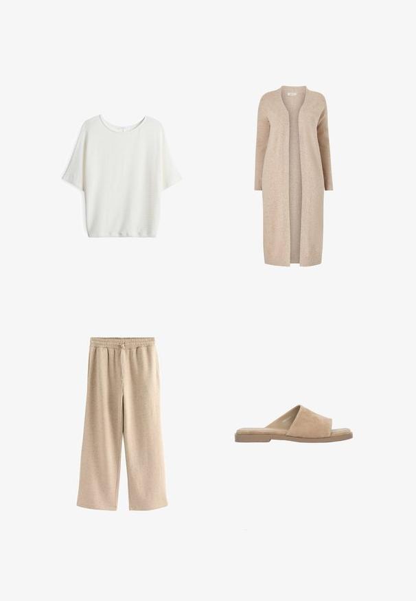 Beiger langer Cardigan aus strukturiertem Strickmaterial. Offenes Frontdesign mit langen Ärmeln und ohne Verschlüsse. Minimalistischer Stil.; Weißes kurzärmeliges Oberteil mit Rundhalsausschnitt, aus strukturiertem, gewebtem Stoff und lockerer Passform, ideal für den Freizeitlook.; Beige weite Hosen aus weichem Stoff, mit einem elastischen Bund und Kordelzug, sowie einer subtilen gesprenkelten Textur.; Beige Wildleder offene Zehen flache Pantoffel mit breitem Riemen und gepolsterter Innensohle, auf weißem Hintergrund dargestellt.