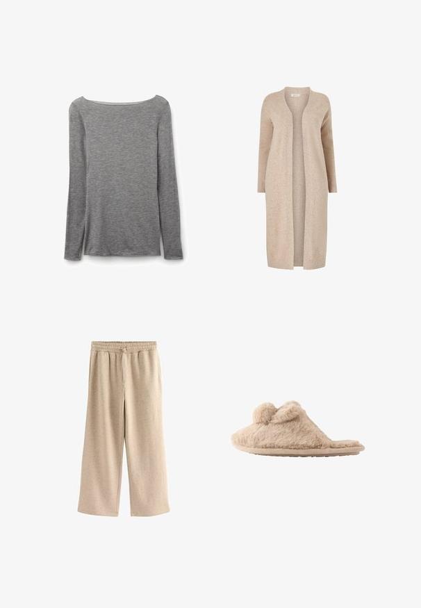 Beige lange cardigan gemaakt van gestructureerd breimateriaal. Open ontwerp met lange mouwen en zonder sluitingen. Minimalistische stijl.; Grijze nauwsluitende top met lange mouwen en een brede boothals, gemaakt van zachte, lichte gebreide stof.; Beige wijde broek gemaakt van zachte stof, met een elastische tailleband met een trekkoord en een subtiele gespikkelde textuur.; Beige, pluizige instapslof met twee pompons bovenop en een platte zool, ontworpen voor binnenshuis gebruik.