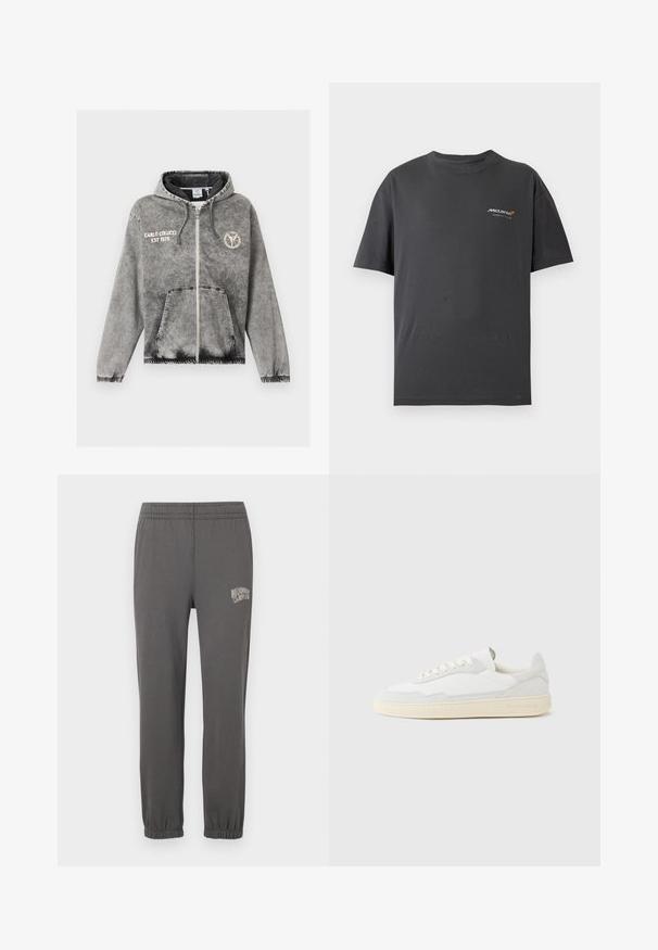 Grauer Zip-Up-Hoodie mit Fronttaschen, elastischen Bündchen, Kapuze mit Kordelzug, Schriftzug „Carlo Colucci EST 1978“ auf der linken Brust und rundem Logo auf der rechten Brust.; Dunkelgraues T-Shirt mit kurzen Ärmeln und kleinem weißen und orangen McLaren Formel 1 Team-Logo auf der linken Brust.; Graue Jogginghose mit elastischem Bund, schmal zulaufenden Bündchen und einem kleinen weißen Logo mit der Aufschrift "Billionaire Boy Club" am linken Oberschenkel.; Weißer Sneaker mit strukturiertem Obermaterial aus Wildleder und Leder. Verfügt über eine runde Zehenpartie, Schnürverschluss und eine kontrastierende beige Gummisohle.