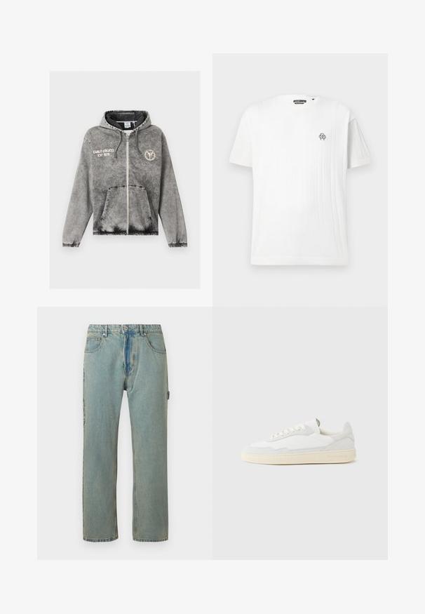 Sudadera con cremallera gris con bolsillos delanteros, puños elásticos, capucha con cordones, texto "Carlo Colucci EST 1978" en el pecho izquierdo y logotipo circular en el pecho derecho.; Camiseta blanca de punto de manga corta con patrón acanalado vertical en el lado derecho y pequeño logo negro bordado en el pecho.; Vaqueros de denim de corte suelto en azul claro, con cinco bolsillos, cierre de botón y costuras visibles. La tela tiene un aspecto desgastado y texturizado.; Zapatilla blanca con parte superior texturizada de ante y cuero. Presenta una puntera redondeada, cierre con cordones y suela de goma beige contrastante.