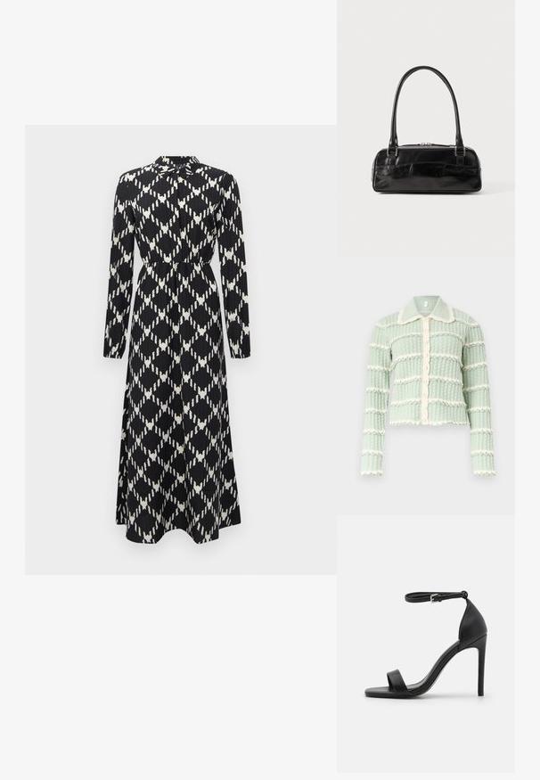 Cardigan texturé vert clair avec des rayures horizontales crème en feston, une fermeture à boutons sur le devant et un col pointu sur un fond uni.; Robe maxi à manches longues noir et blanc avec un motif géométrique en losanges, taille cintrée et col à boutons.; Sandale noire à talons hauts au design épuré, avec une bride au niveau de la cheville, un bout ouvert et une texture en cuir lisse.; Sac à main en cuir noir de forme rectangulaire, doté d'une seule ansse structurée, de quincaillerie argentée et d'une fermeture éclair. Texture lisse.