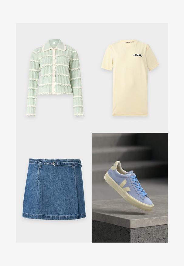 Cardigan texturé vert clair avec des rayures horizontales crème en feston, une fermeture à boutons sur le devant et un col pointu sur un fond uni.; T-shirt jaune pâle à manches courtes et col rond avec un petit logo Ellesse bleu foncé sur la poitrine gauche sur fond clair.; Mini-jupe en denim bleu avec ourlet cousu et fine ceinture assortie avec boucle argentée, posée à plat sur un fond clair.; Baskets en daim bleu clair avec semelle crème et logo, lacets bleus, flottant au-dessus d'une surface en pierre grise avec des escaliers flous en arrière-plan.