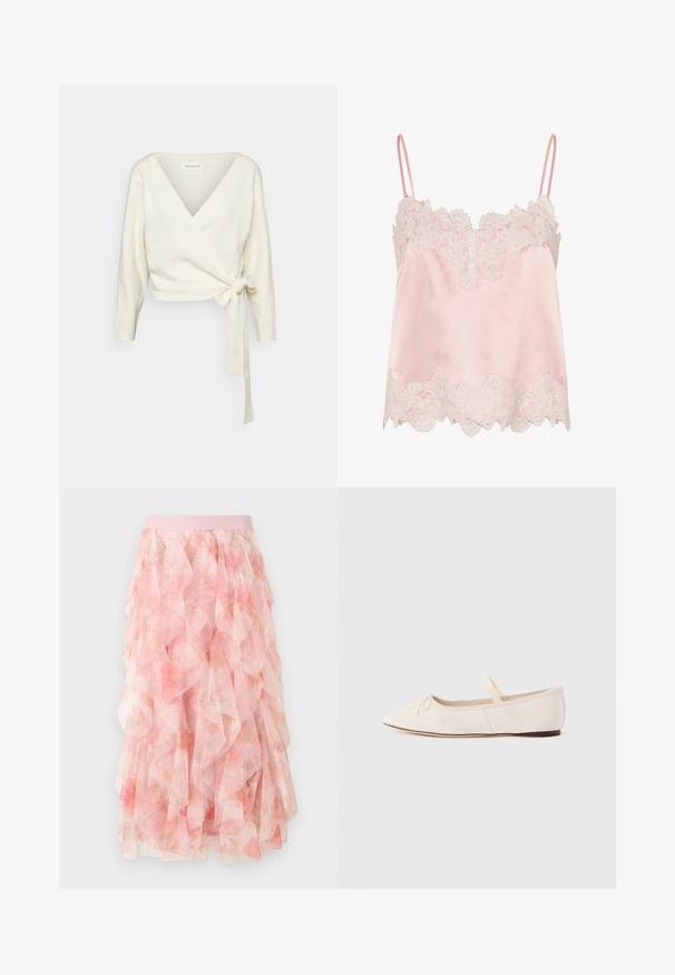 Hvit, innpakningsstil genser laget av myk, teksturert stoff. Har en dyp V-hals og lange ermer med et beltedetalj i midjen.; Lys rosa sateng-camisole med hvit blonder langs halslinjen og kanten, med tynne justerbare skulderstropper.; Rosa lagdelt tyll midi skjørt med blomsterprint og elastisk midjebånd, med myke rynkede teksturer.; Ballerinasko med lys beige semsket overdel, spiss tå og en tynn elastisk stropp over vristen. Flat såle med minimal gummidetalj.