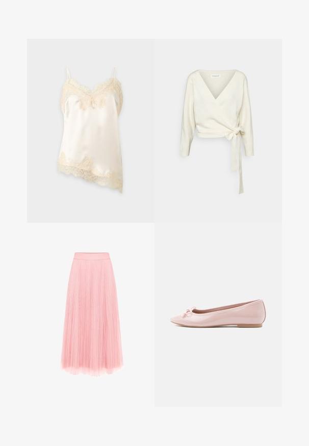 Pull blanc en tissu doux et texturé avec un design enroulé. Il possède un décolleté en V plongeant et des manches longues avec un lien à la taille.; Caraco en satin de couleur crème avec une délicate bordure en dentelle le long de l'encolure, de l'ourlet et des fines bretelles sur un fond uni.; zero MIT PLIESSENDEM BECHER - Jupe plissée - bridal rose; Ballerine rose en cuir verni avec un bout pointu et un nœud décoratif à l'avant. Elle présente une semelle plate et un design sans coutures.