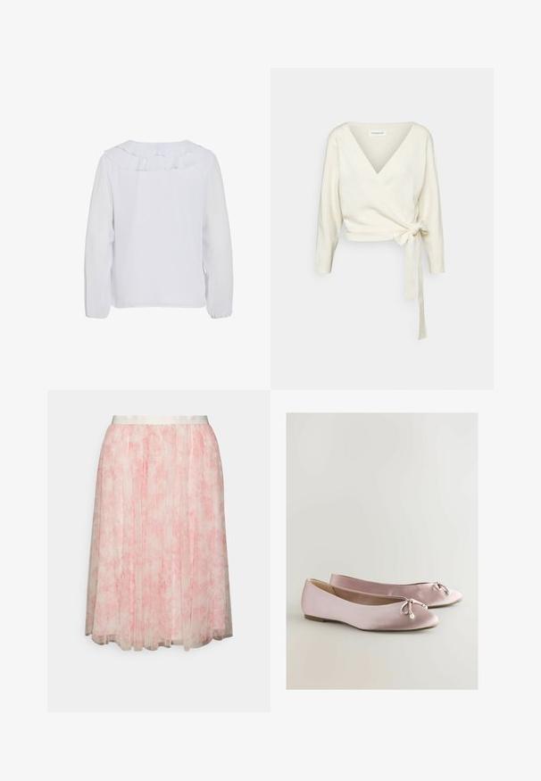 Witte, wikkelstijl trui van zacht, textuurstof. Heeft een diepe V-hals en lange mouwen met een strikdetail op de taille.; Witte blouse met lange mouwen en een ruches kraag, gladde textuur en elastische manchetten. Eenvoudig, schoon ontwerp dat geschikt is voor verschillende gelegenheden.; Needle & Thread EXCLUSIVE FLEUR SKIRT - A-lijn rok - moonshine pink; Roze satijnen balletschoenen met een ronde neus, decoratieve strik en parelaccent. Platte zool met een gladde textuur en een laag profiel.