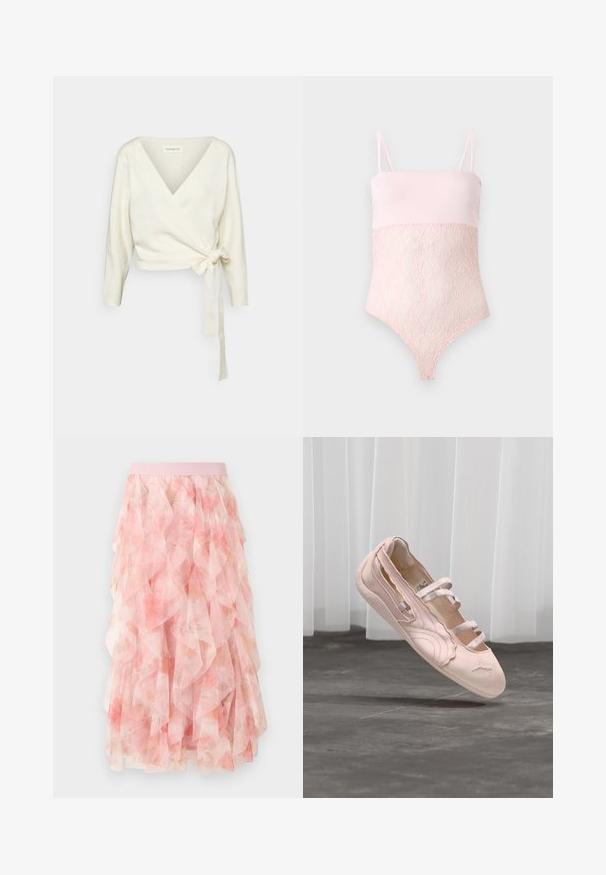 Pull blanc en tissu doux et texturé avec un design enroulé. Il possède un décolleté en V plongeant et des manches longues avec un lien à la taille.; Body en dentelle rose clair avec bretelles spaghetti et une partie supérieure lase sur un fond clair uni.; Jupe midi en tulle rose à couches avec motif floral et taille élastique, présentant des textures douces et volantées.; Ballerine rose pâle avec trois brides élastiques, bord festonné et semelle en caoutchouc, suspendue au-dessus d'un sol en béton avec des rideaux blancs en arrière-plan.