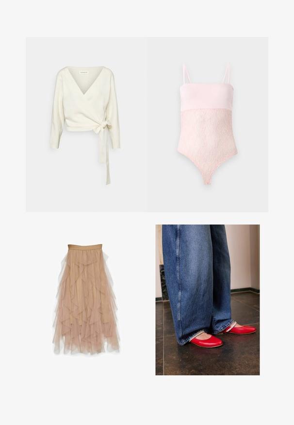 Hvid, omslags-sweater lavet af blødt, struktureret stof. Har en dyb V-hals og lange ærmer med en bindebåndsdetalje i taljen.; Lyserød blondebody med spaghettistropper og en glat topsektion mod en ensfarvet lys baggrund.; Vero Moda VMEVE High waist Long - Maxinederdele - light taupe; Røde lædersandaler med en rund tå og en sølvfarvet pyntestrop. Båret med brede denimjeans i blå, der har en flosset kant.